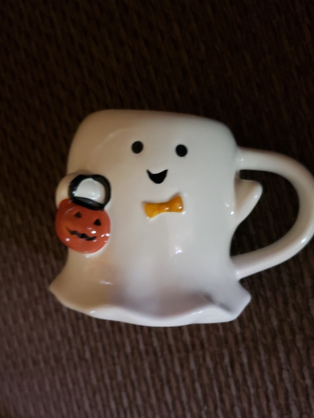 White Ghost Ceramic Halloween Mug with Orange Pumpkin Accent
